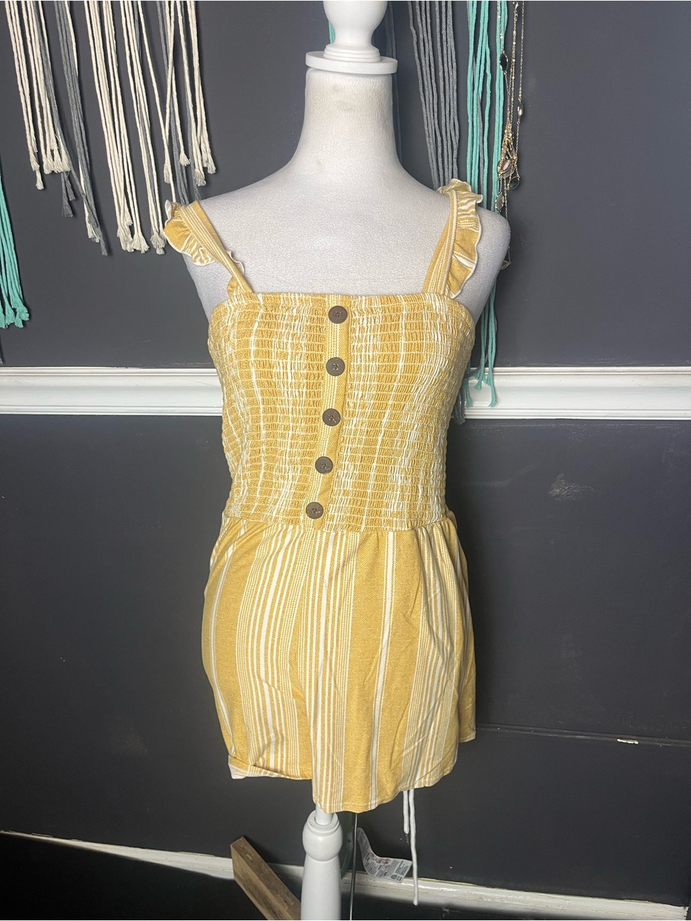 Yellow Striped Smocked Romper with Button Front juniors size large
